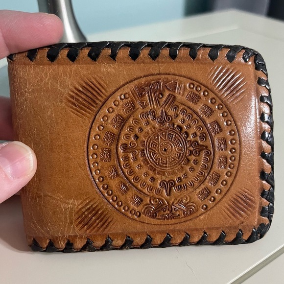 Unbranded Other - Vintage Mexico Bifold Wallet Brown Tooled Leather Aztec Calendar Handcrafted
